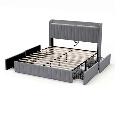 Velvet Bed Frame: 4 Drawers, USB Charging, Modern Platform Queen bed / Double double Size Bed Frame
